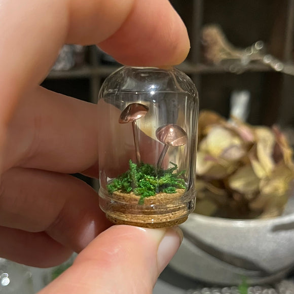 Handmade Curiosity- copper mushroom / toadstool moss mini cloche.