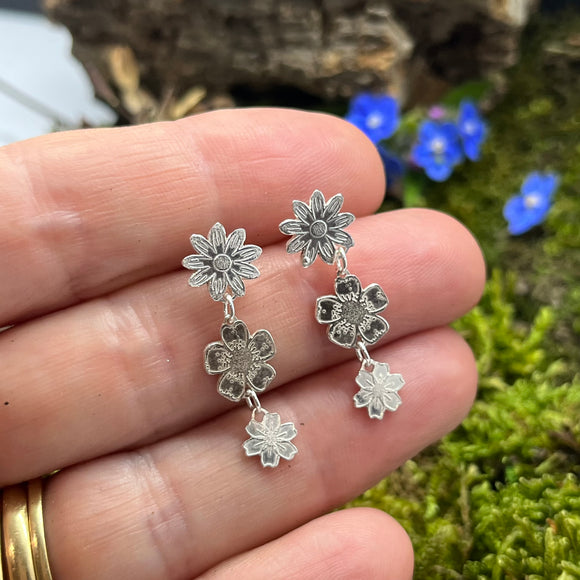 Sterling Silver Flower Dangly Stud Earrings