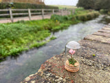 Handmade Curiosity- copper miniature poppy flower, moss small cloche.