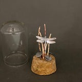 Handmade Curiosity- sterling silver and copper dragonfly  miniature scene cloche.