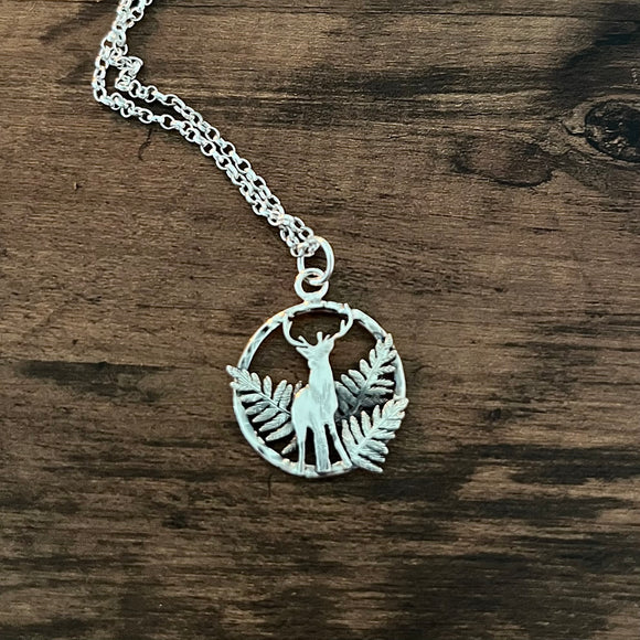 Sterling Silver Deer and Fern Hoop Pendant