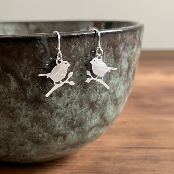 Sterling Silver Robin Bird Drop Earrings