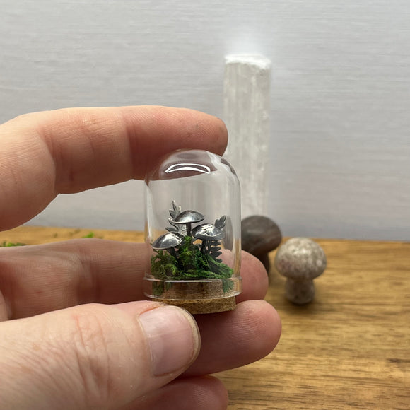 Sterling Silver Curiosity- ferns + mushroom / toadstool moss mini cloche.