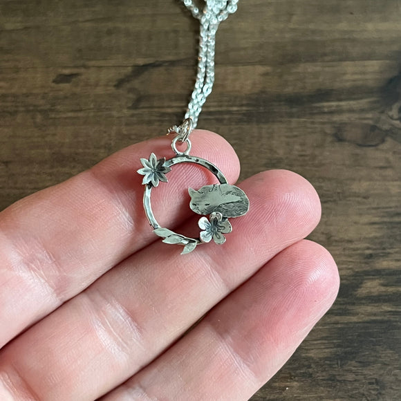 Sterling Silver Fox Floral Hoop Pendant