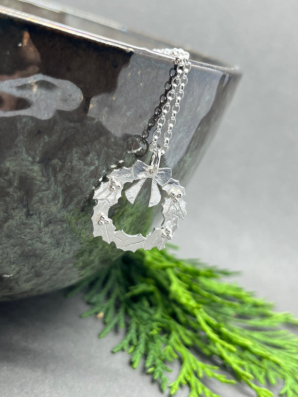 Sterling Silver Christmas Holly Wreath Pendant